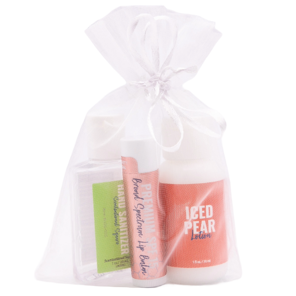 iced pear kit inside white organza bag